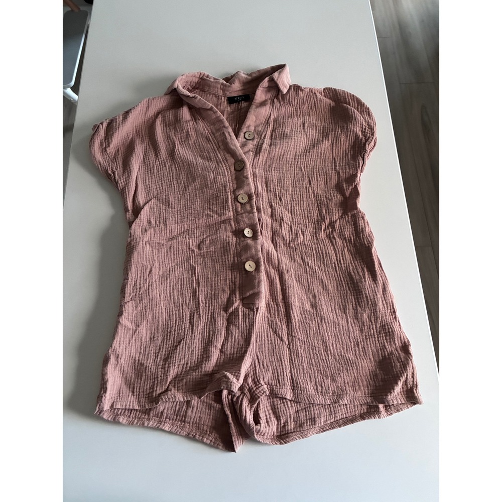 VICI Womens Dusty Rose Pink Textured Gauze Button Front Romper S/M Short Sleeve